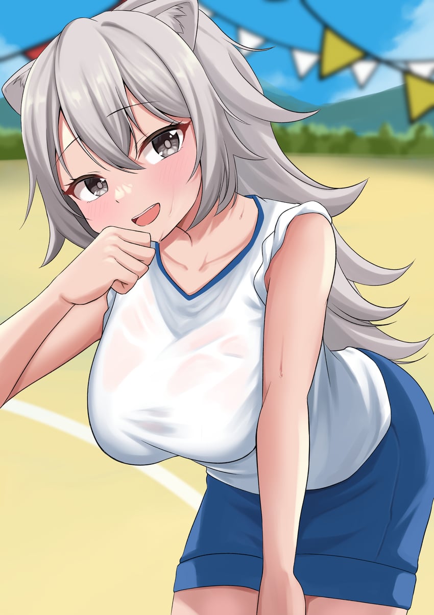 Hololive、狮白牡丹 1名女孩 兽耳 裸臂 蓝色短裤 蓝天