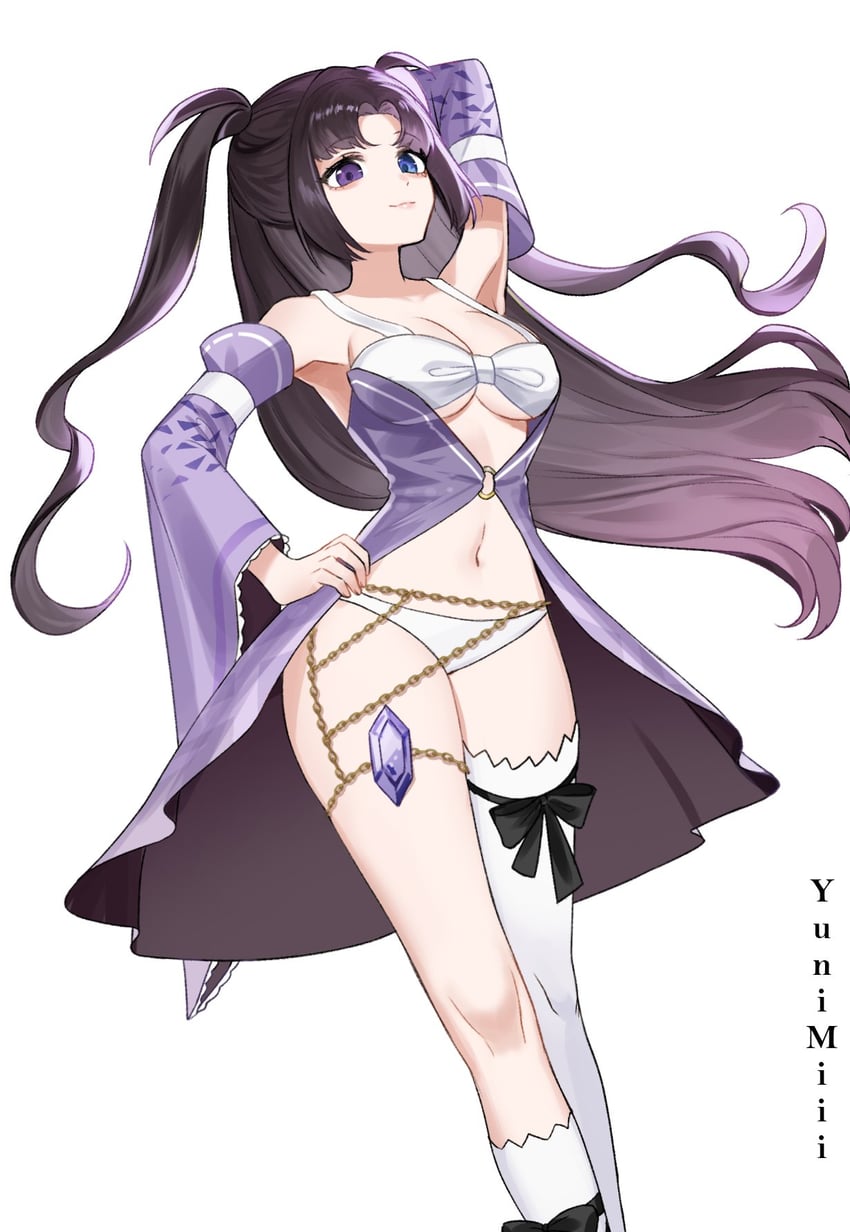 二次元插画 1名女孩 手放在头后 作者名 不对称腿部穿着 黑色丝带