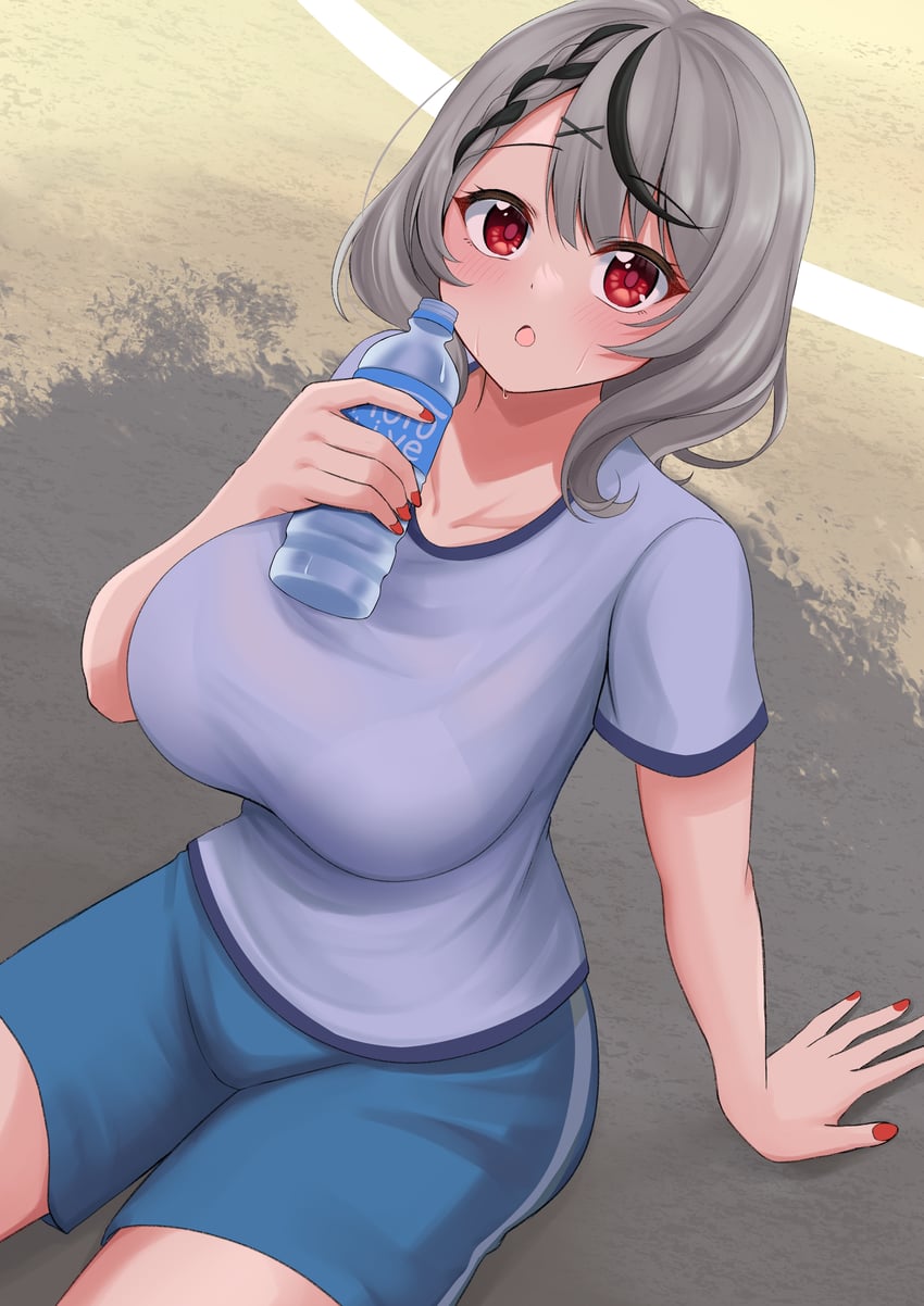 Hololive、沙花叉克萝耶 1名女孩 替换服装 黑条纹/黑挑染 蓝色衬衫 蓝色短裤