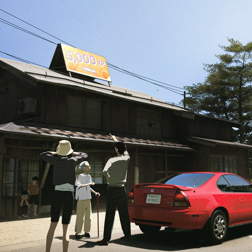 极限竞速、forza horizon 6 2名女孩 3个男孩 建筑 黑发 黑色夹克