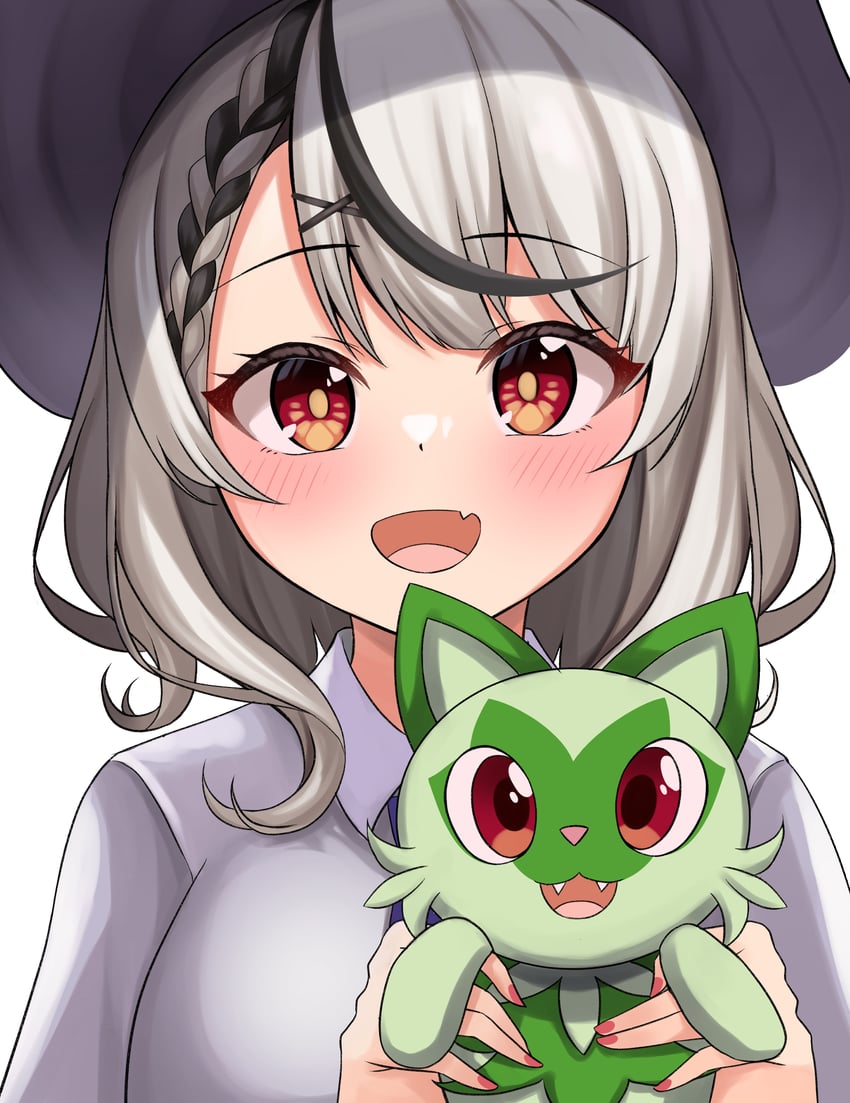 Hololive、宝可梦、沙花叉克萝耶 1名女孩 :D 黑发 黑条纹/黑挑染 脸红