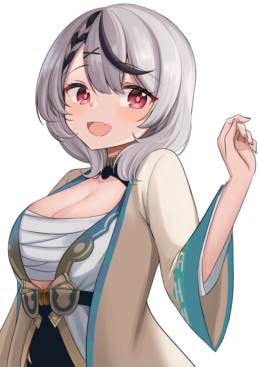 Hololive、风真伊吕波、风真伊吕波 (第一套服装) 1名女孩 :D 黑条纹/黑挑染 脸红 乳房