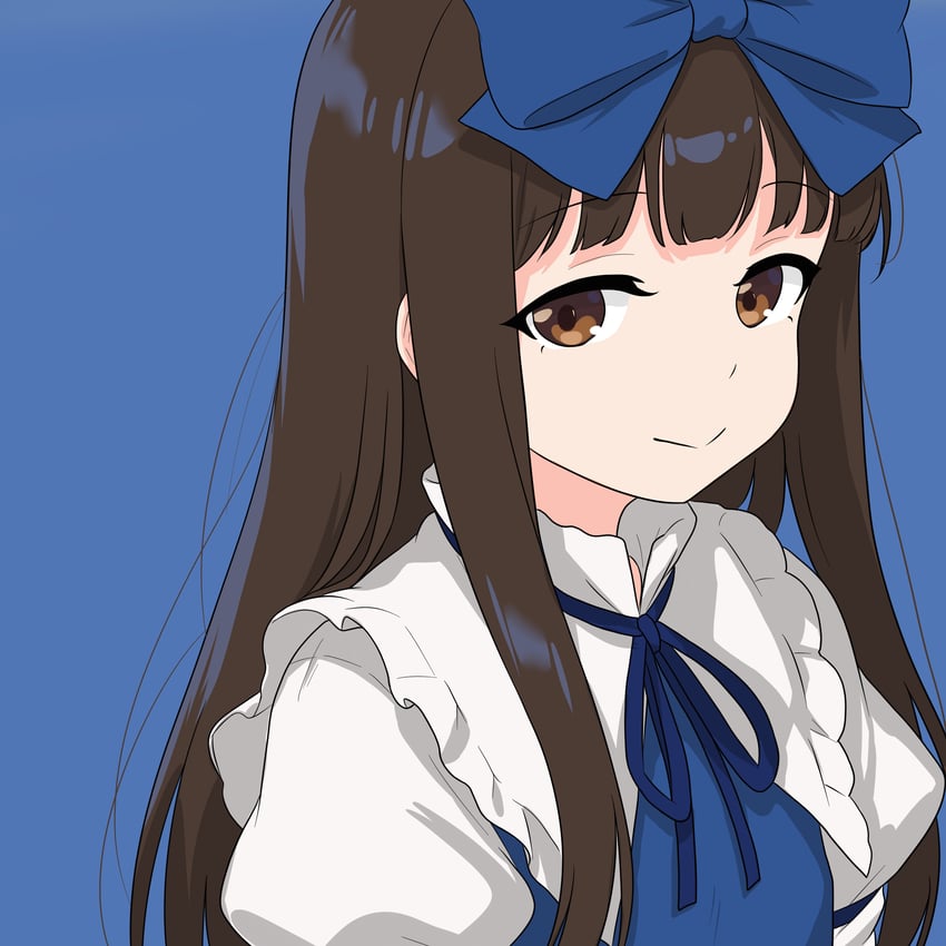 东方Project、斯塔·萨菲雅 1名女孩 蓝色背景 蓝色连衣裙 蓝色丝带 棕眼睛