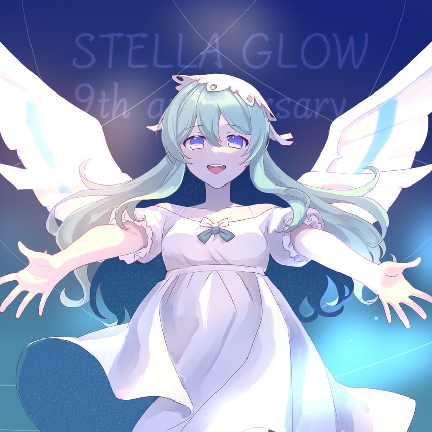 星之光芒、marie (stella glow) 1名女孩 天使翅膀 蓝发 连衣裙 帽子