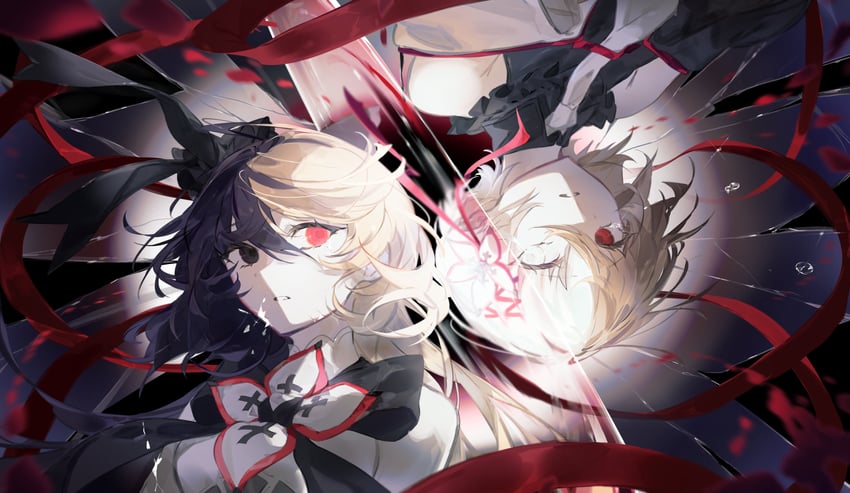韵律源点 Arcaea、玛雅 (Arcaea)、薇塔(Arcaea) 2名女孩 露肩 黑色蝴蝶结 黑色连衣裙 黑瞳