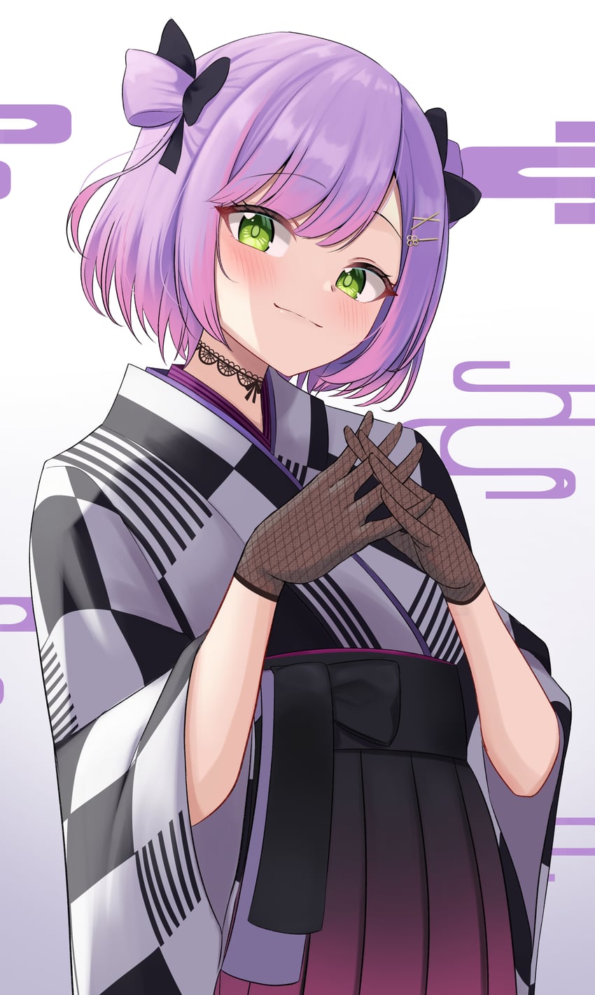 Hololive、常暗永远、常暗永远 (新年) 1名女孩 黑色蝴蝶结 黑色手套 黑色袴 黑色和服