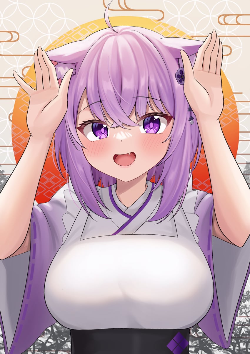 Hololive、猫又小粥、猫又小粥 (新年) 1名女孩 呆毛 兽耳毛 兽耳 围裙