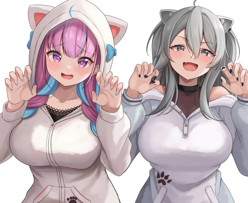 Hololive、凑阿库娅、狮白牡丹 2名女孩 呆毛 替换服装 兽耳穿孔 兽耳