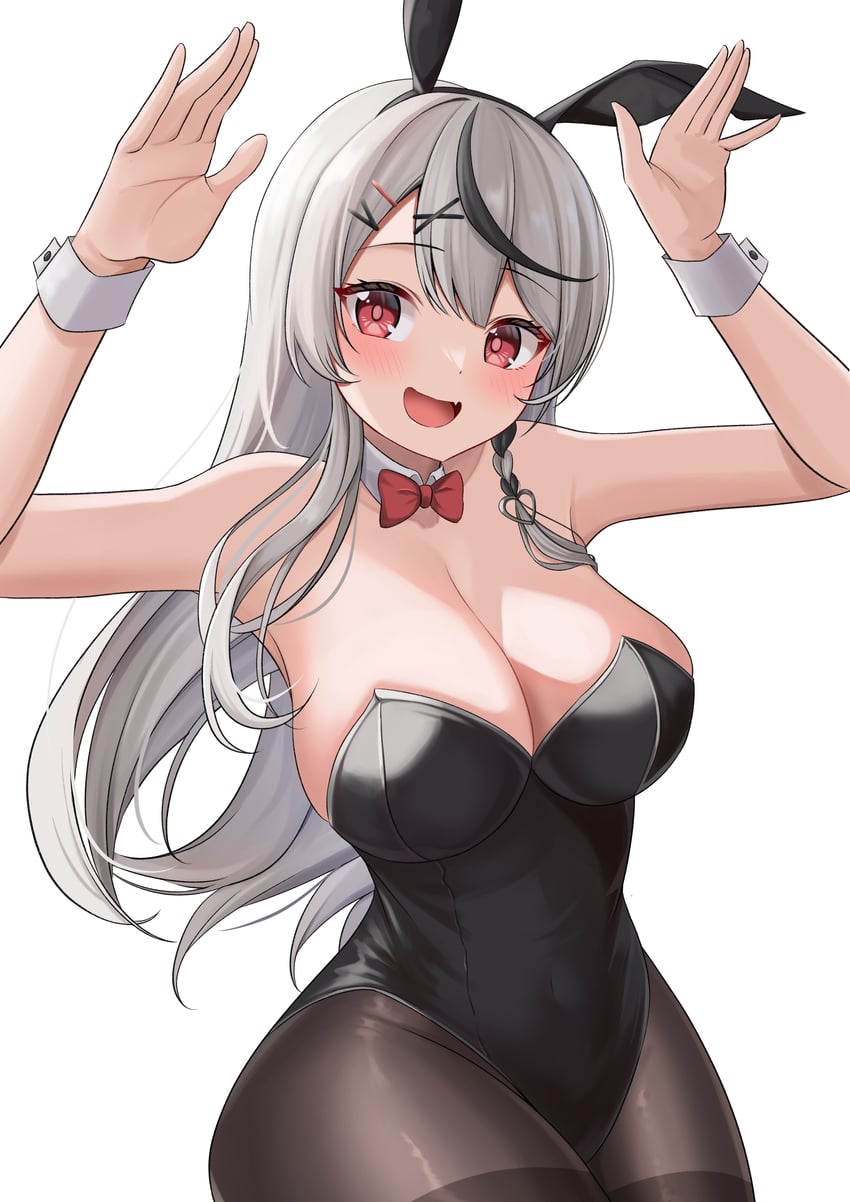 Hololive、沙花叉克萝耶 1名女孩 兽耳 裸臂 黑色紧身连体衣 黑色连裤袜