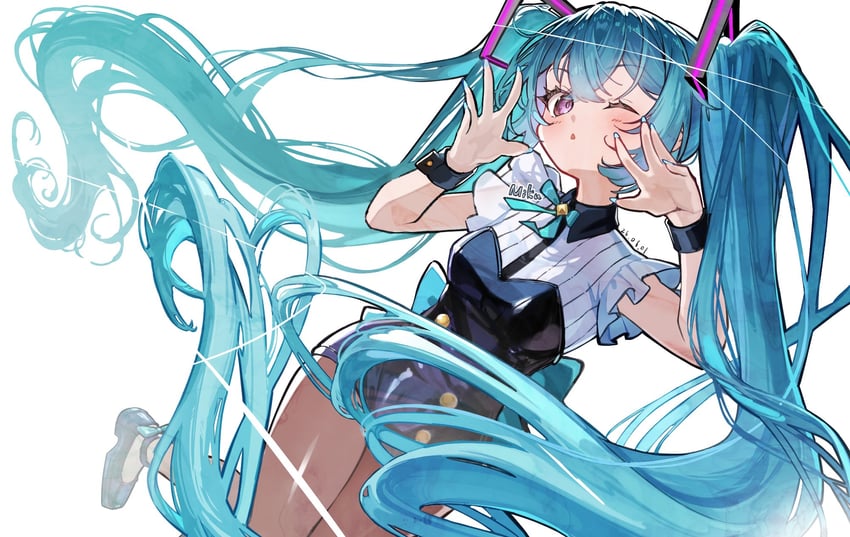 VOCALOID、初音未来 1名女孩 惊讶 黑领 黑色紧身连体衣 蓝色蝴蝶结