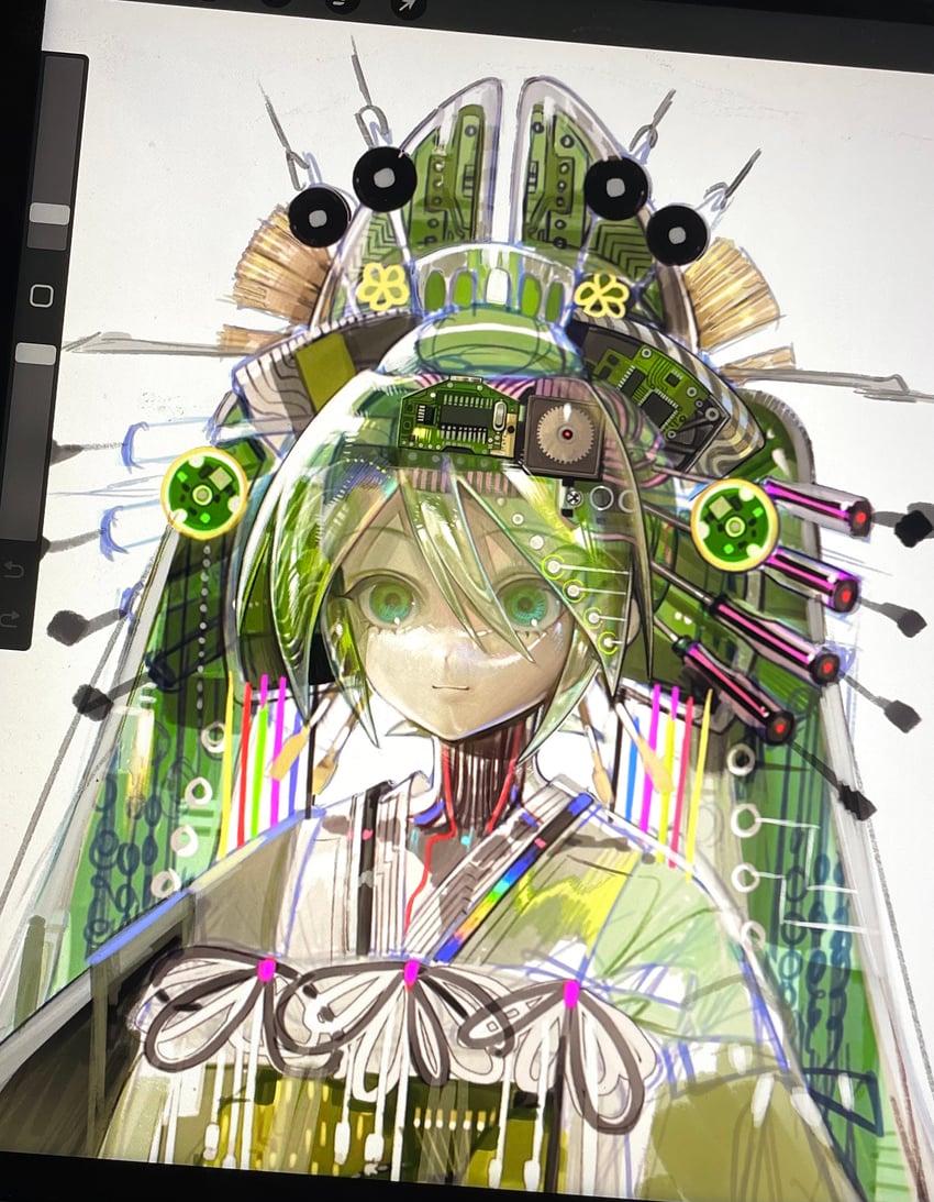 VOCALOID、初音未来 1名女孩 铠甲 电缆 电路板 有色皮肤