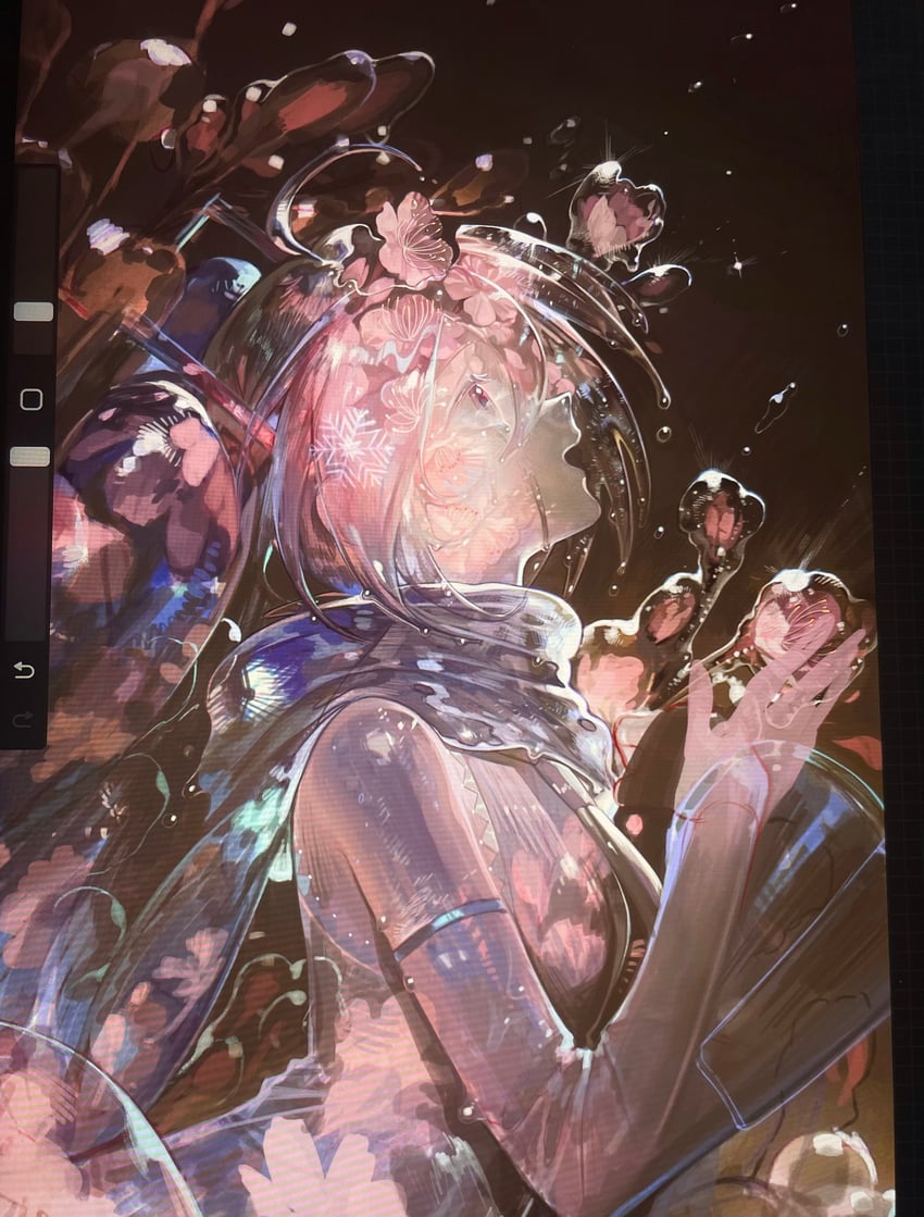 原创 1名女孩 暗色背景 露肩袖 花 侧视