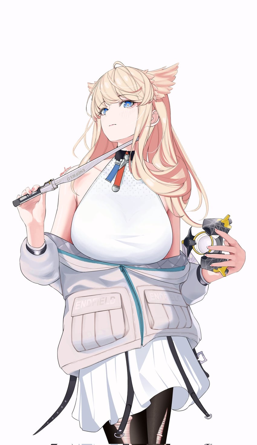 明日方舟、明日方舟：终末地、佩莉卡 (明日方舟：终末地) 1名女孩 露肩 黑色连裤袜 金发 蓝眼