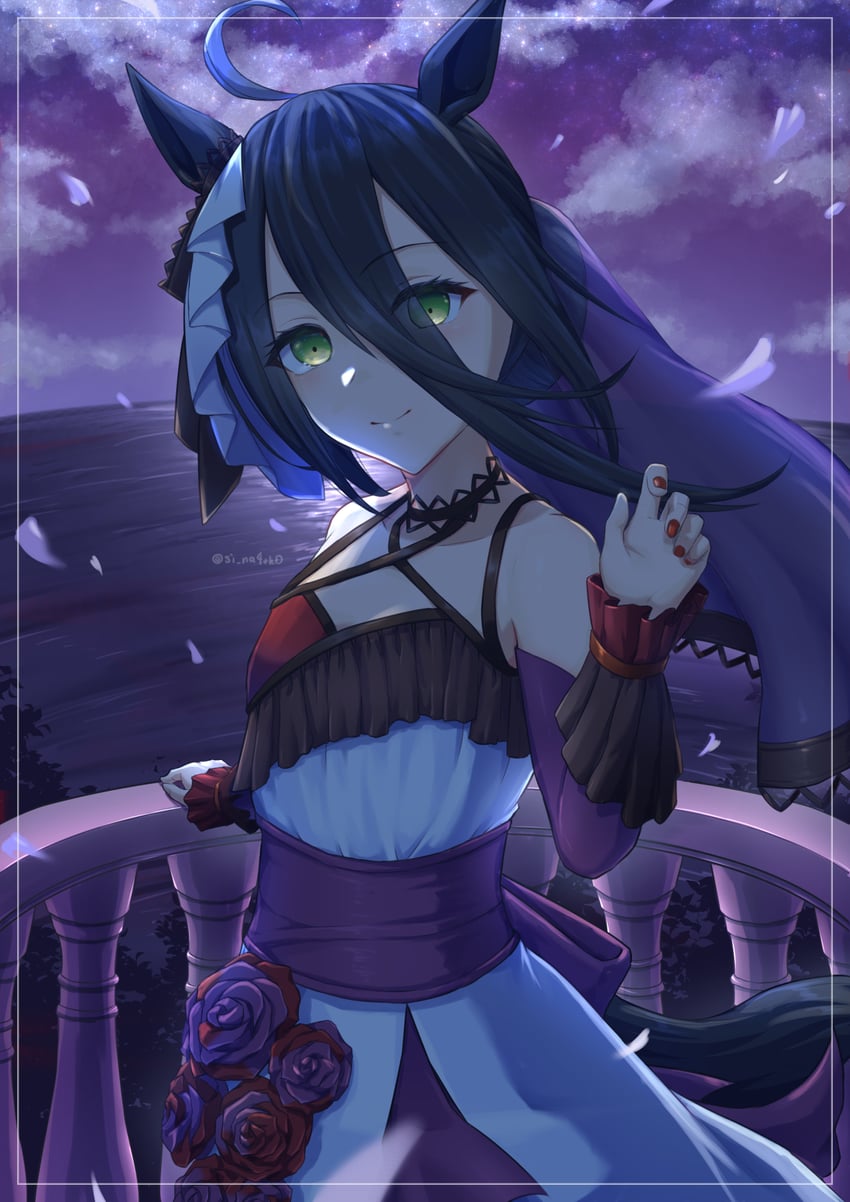 赛马娘、曼城茶座 (Mysterious Rose) (赛马娘)、曼城茶座 (赛马娘) 1名女孩 呆毛 兽耳 露肩 黑花