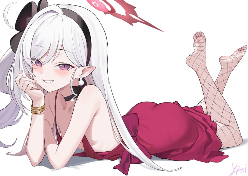 蔚蓝档案、睦月 (蔚蓝档案)、浅黄睦月 (礼服) (蔚蓝档案) 1名女孩 :D 腋窝褶皱 黑色项圈 黑色发带