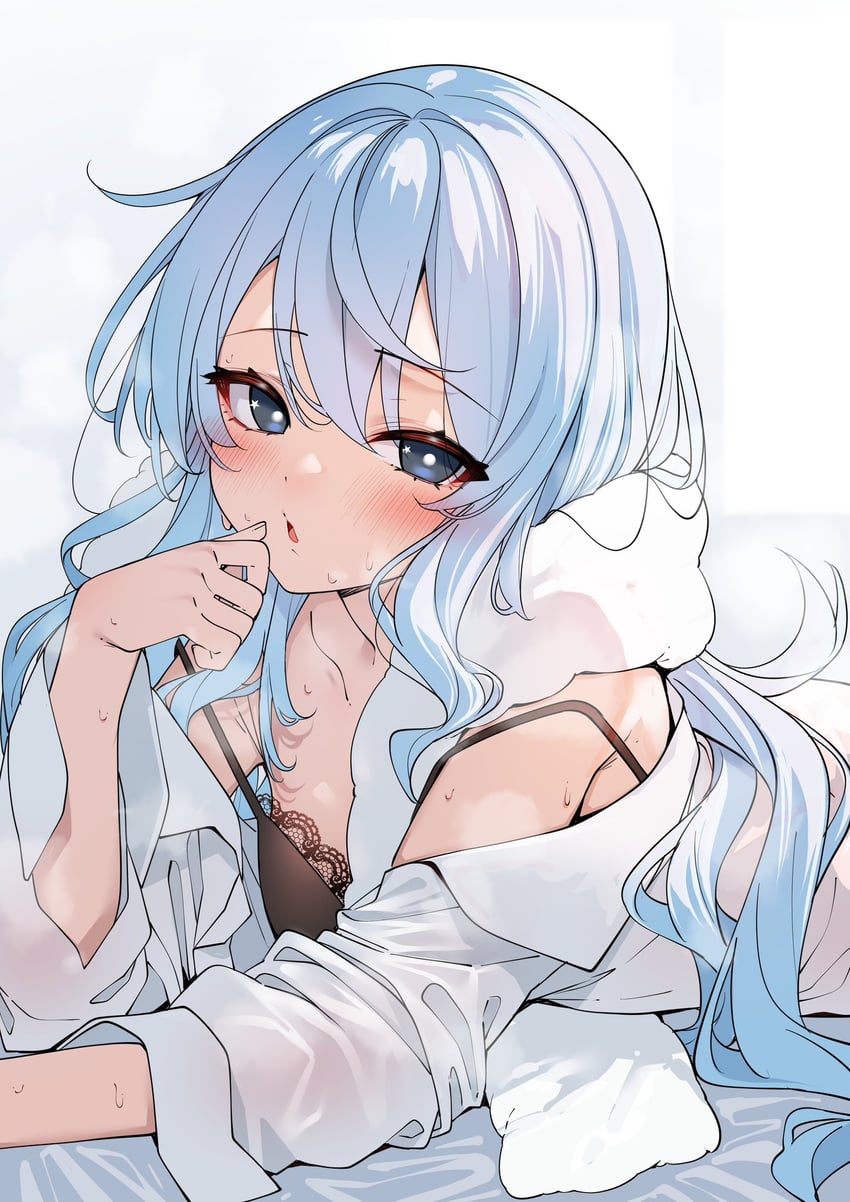 Hololive、星街彗星 1名女孩 床单 黑色文胸 蓝眼 蓝发