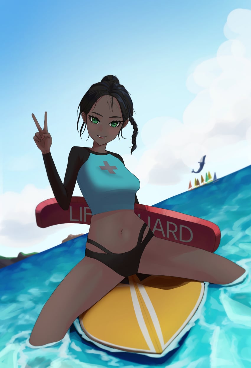 原创 1名女孩 比基尼 黑色比基尼 黑发 蓝天