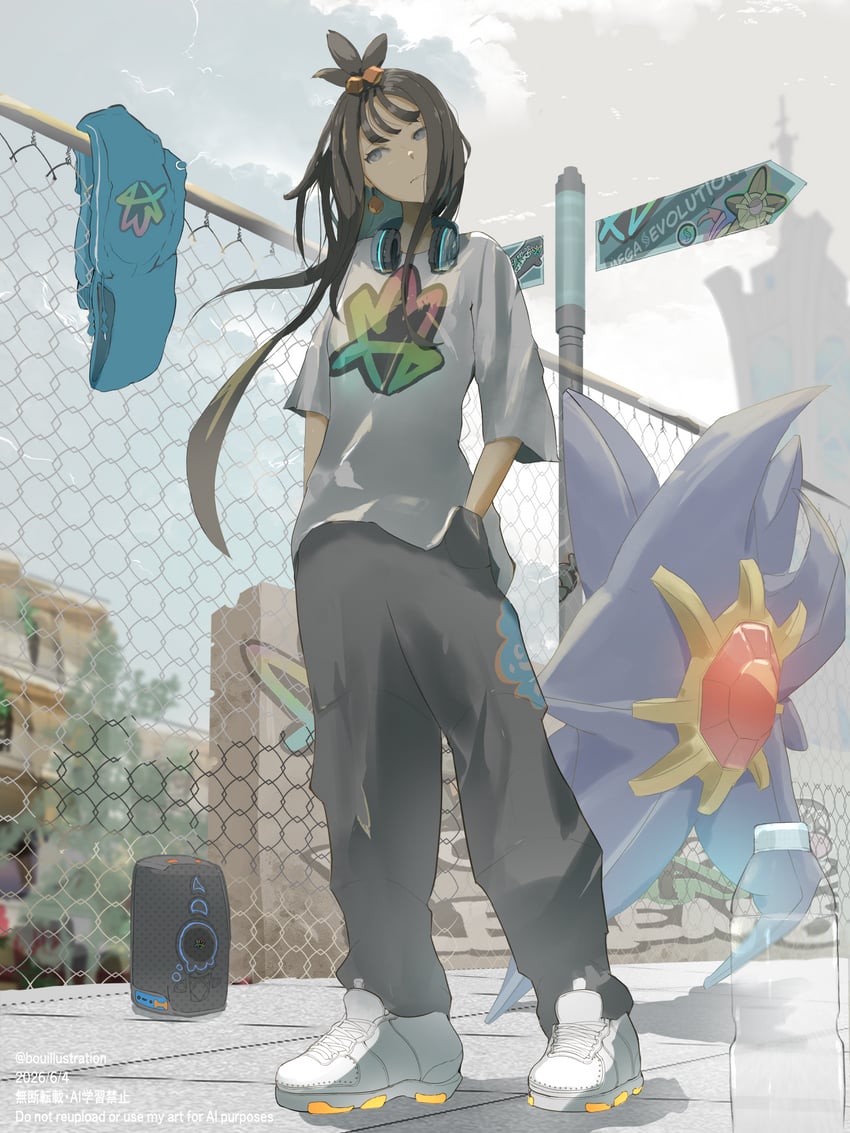 宝可梦、宝可梦传说：Z-A、丽多 (宝可梦) 1名女孩 黑发 黑裤子 蓝色连帽衫 铁丝网围栏