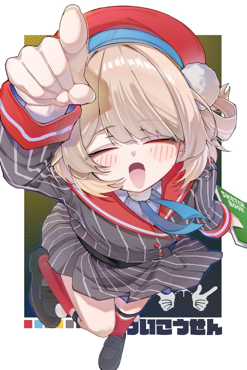 个人势虚拟主播、时雨羽衣 (第一套服装) (VTuber)、时雨羽衣(VTuber) 1名女孩 黑鞋 金发 蓝色丝带 齐刘海