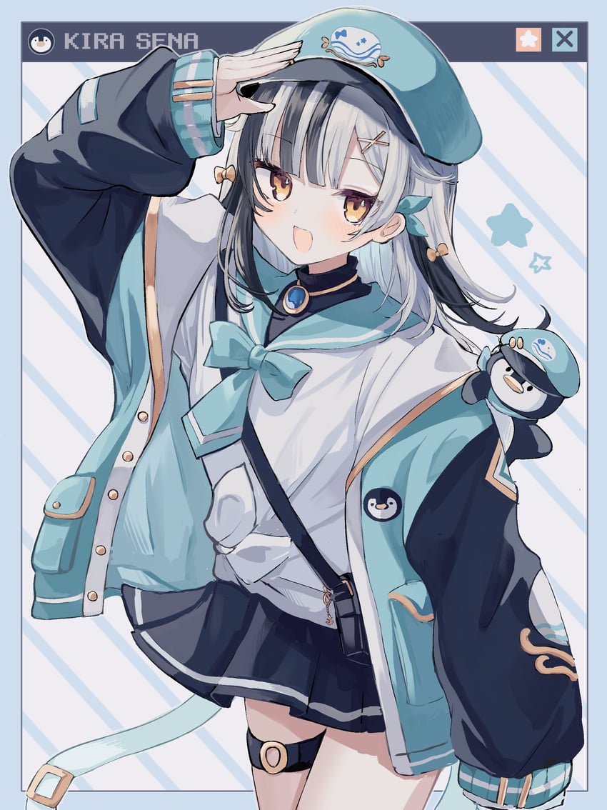 个人势虚拟主播、kirasena (vtuber) 水蓝色帽子 水蓝色夹克 水蓝色水手领 包 棒球帽
