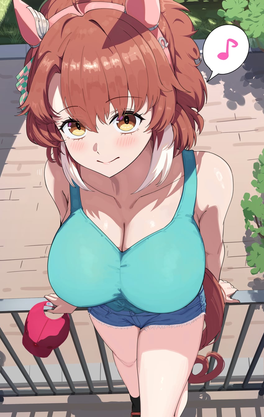 赛马娘、烈焰快驹 (赛马娘) 1名女孩 靠在栏杆上 兽耳 水蓝色背心 脸红