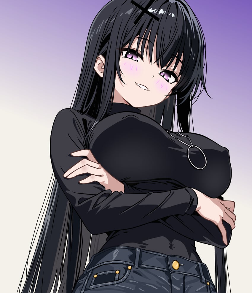 kurotsuki no yaergnacht、yaergnacht finsternis 1名女孩 手臂托在乳房下 黑发 黑衬衫 脸红