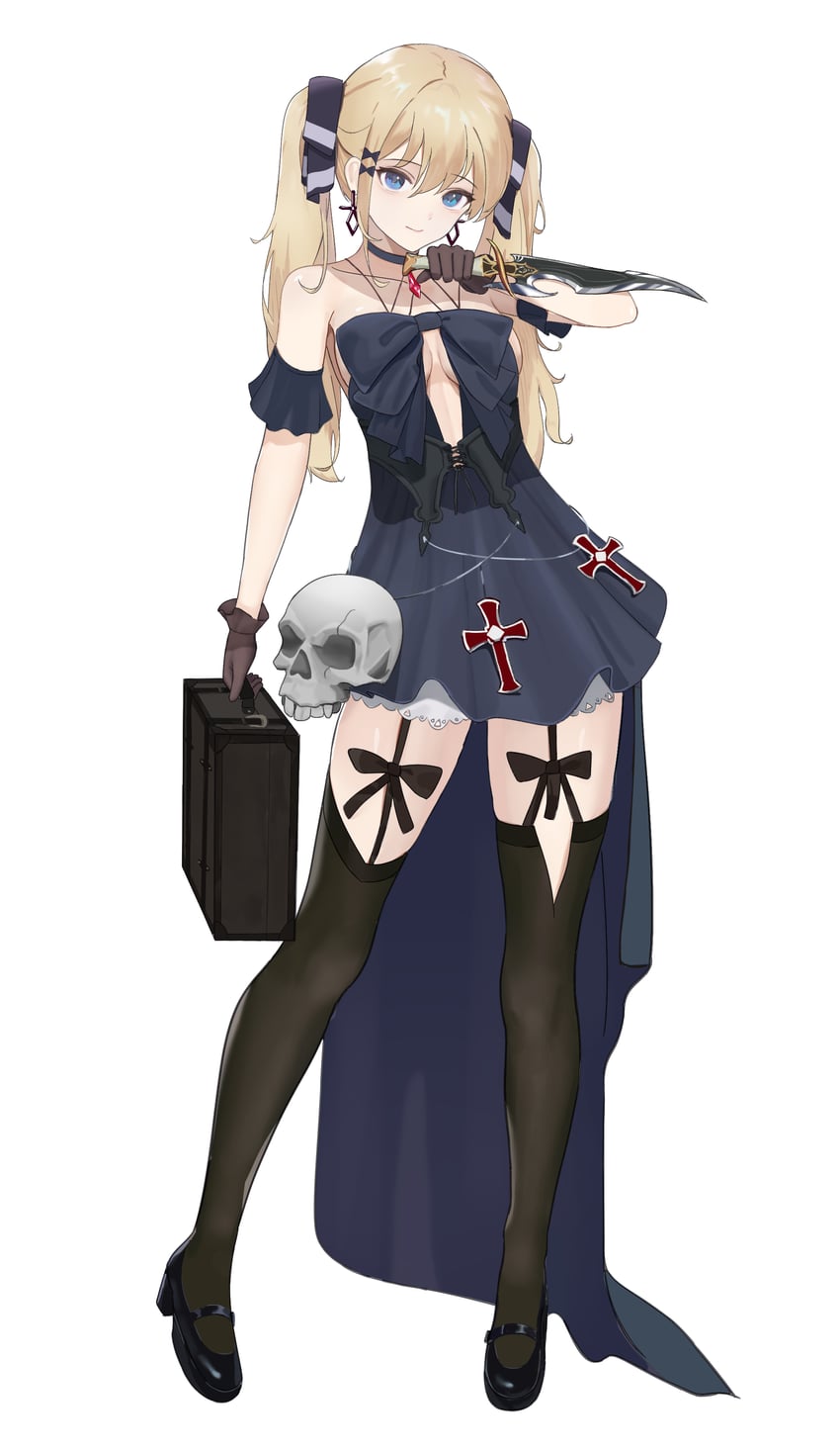 原创 1名女孩 露肩 黑色连衣裙 黑鞋 黑色过膝袜