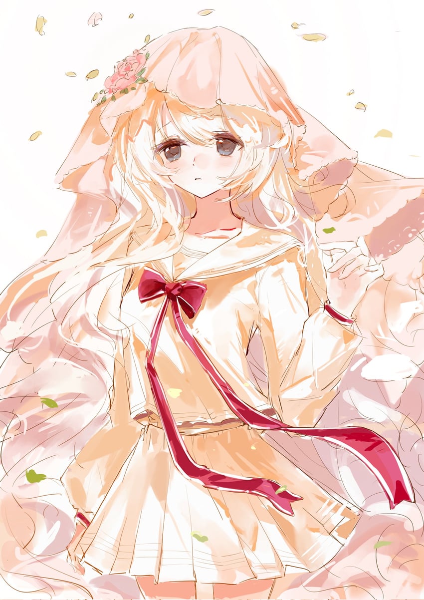 韵律源点 Arcaea、光 (Arcaea)、光 (零) (Arcaea) 1名女孩 婚纱面纱 落花 长发 长袖