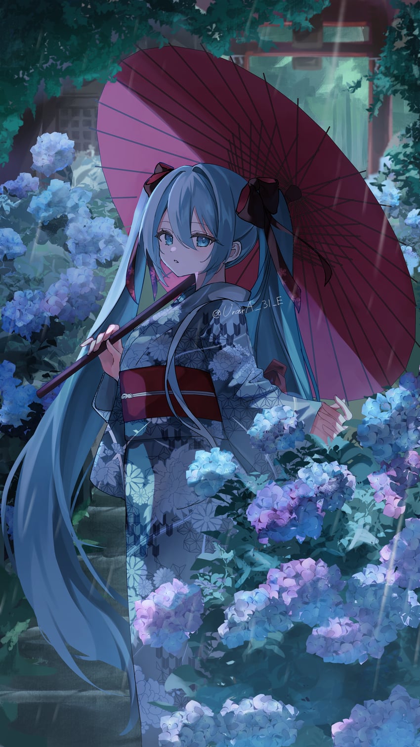 VOCALOID、初音未来 1名女孩 黑色发带 蓝眼 蓝发 花卉印花