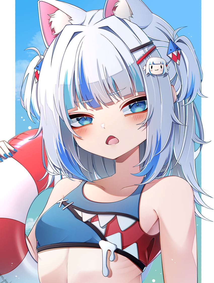 Hololive、噶呜·古拉 1名女孩 兽耳 露肩 比基尼 蓝色背景