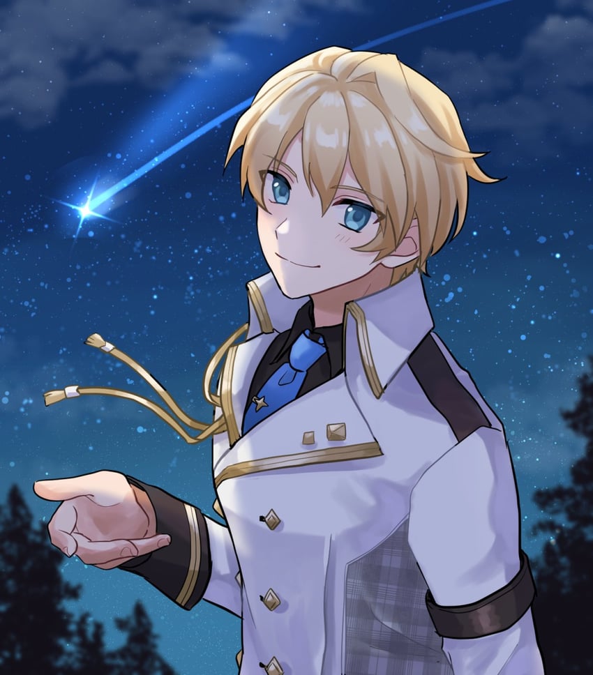 HOLOSTARS、岸堂天真、岸堂天真 (第一套服装) 1名男孩 臂环 黑衬衫 金发 蓝眼