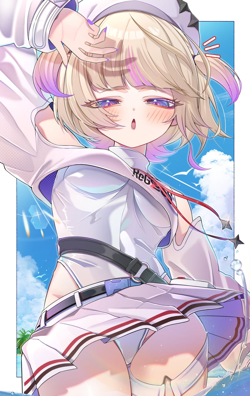 Hololive、等轰一奏、轰一(ReGLOSS制服) 1名女孩 举起双手 露肩 海滩 腰带