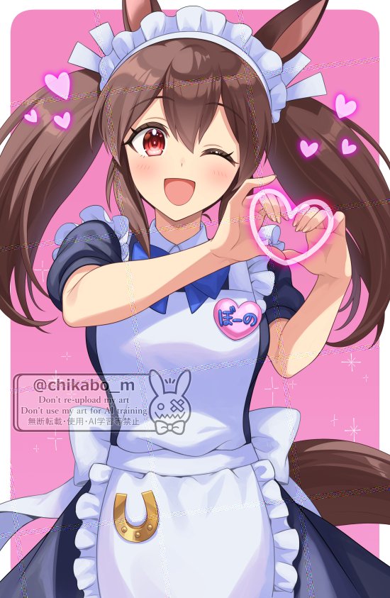 赛马娘、菱曙 (赛马娘) 1名女孩 兽耳 围裙 黑色连衣裙 蓝色蝴蝶结
