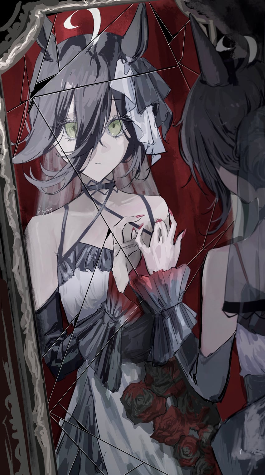 赛马娘、曼城茶座 (Mysterious Rose) (赛马娘)、曼城茶座 (赛马娘) 1名女孩 呆毛 兽耳 露肩 黑花