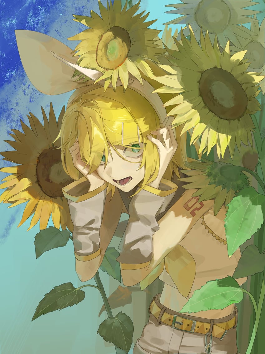 VOCALOID、镜音铃 1名女孩 露肩 腰带 金发 蝴蝶结