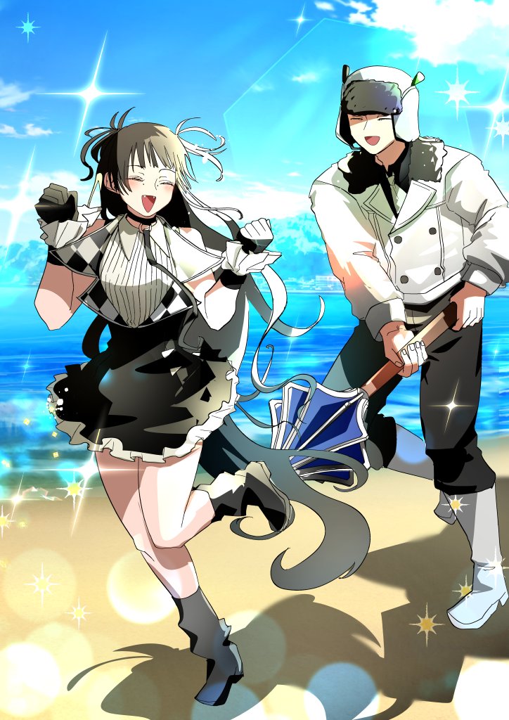 魔弹之王、fujimine (madan no ichi) 1名男孩 1名女孩 海滩 黑色手套 黑发