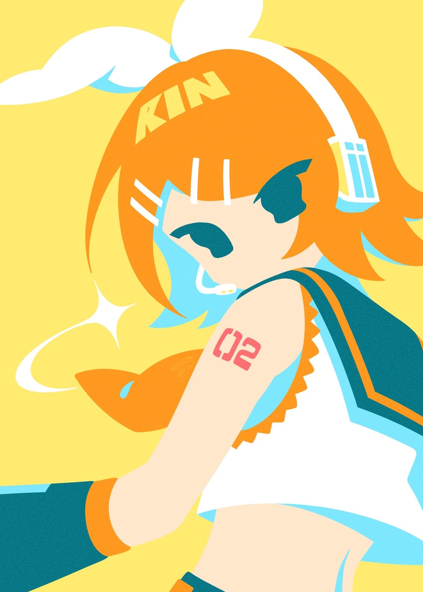 VOCALOID、镜音铃 1名女孩 露肩 黑色水手领 金发 蝴蝶结