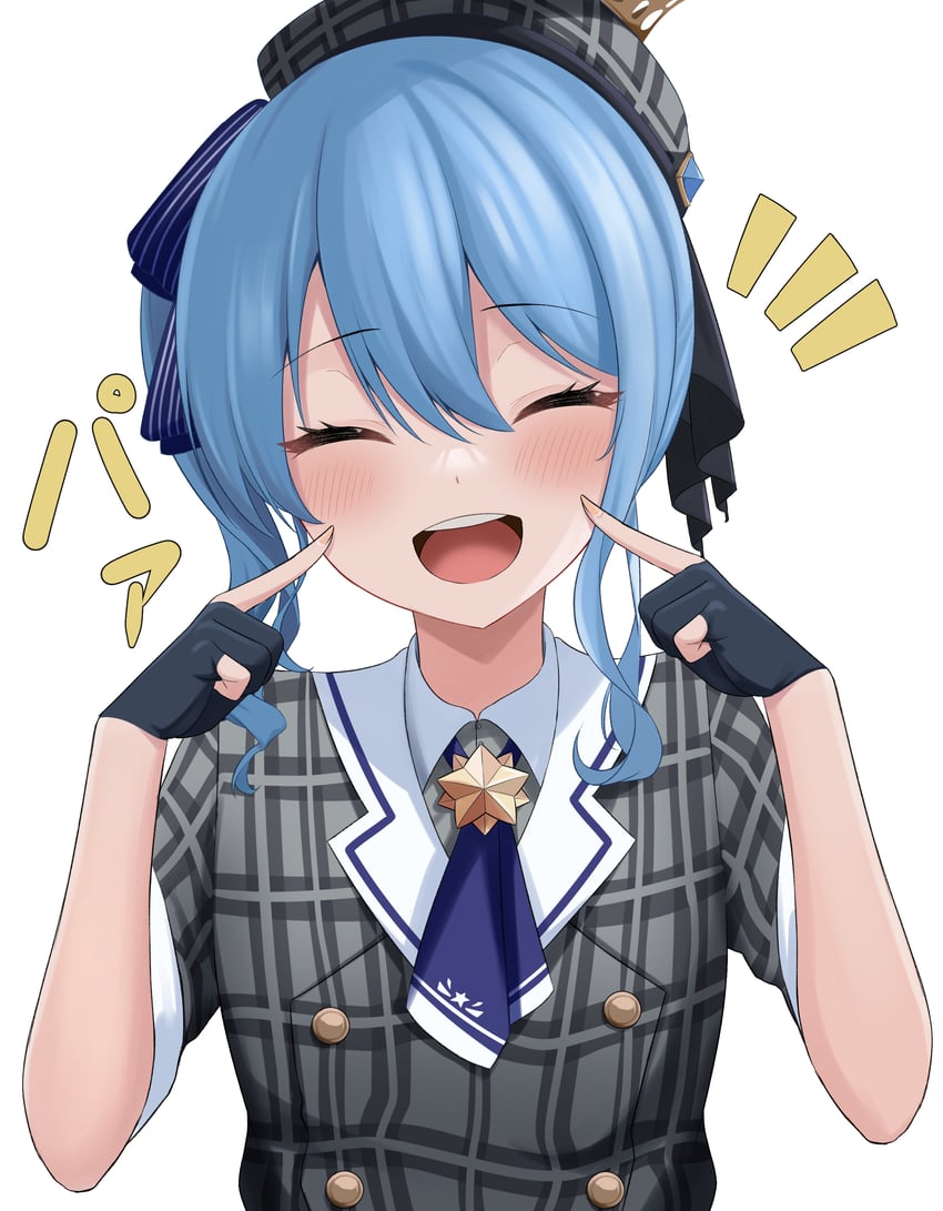 Hololive、星街彗星、星街彗星(第一套服装) 1名女孩 贝雷帽 黑色手套 蓝发 脸红