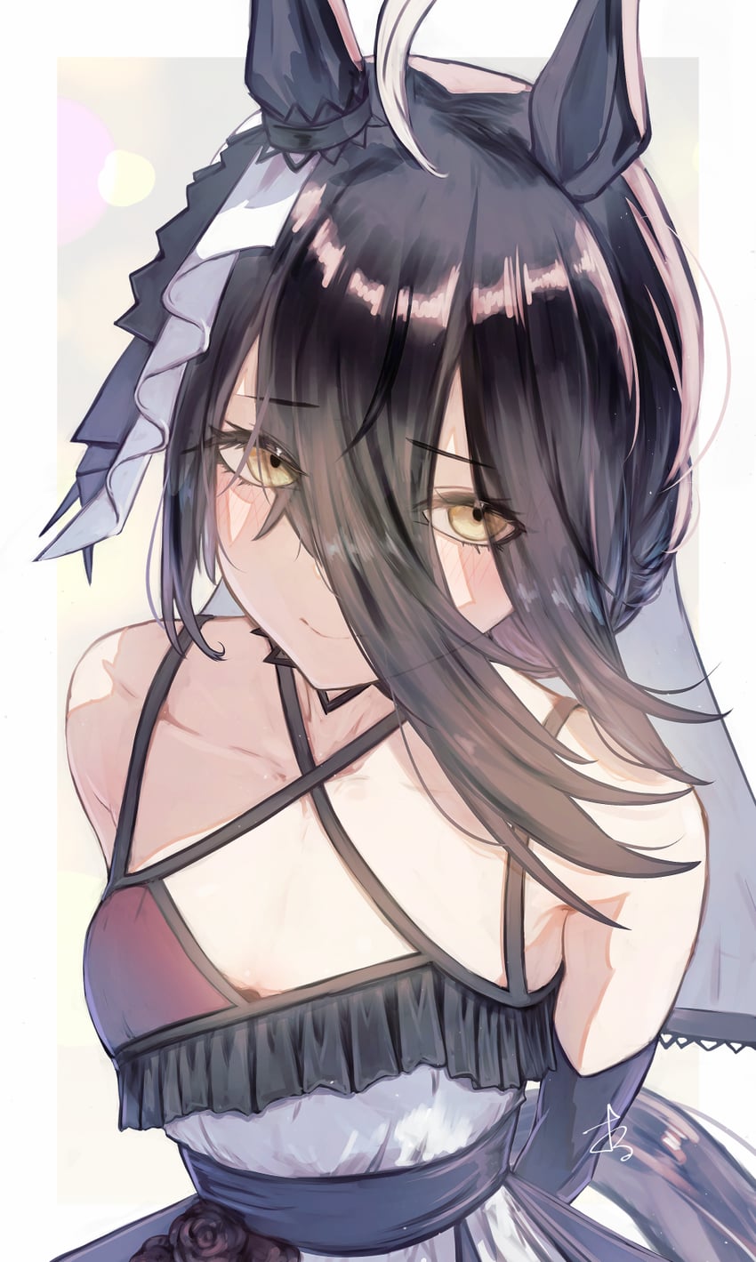 赛马娘、曼城茶座 (Mysterious Rose) (赛马娘)、曼城茶座 (赛马娘) 1名女孩 呆毛 兽耳 露肩 黑发