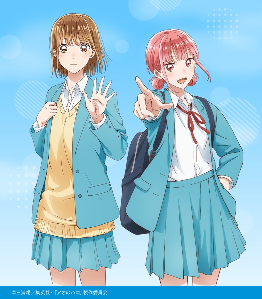蓝箱、蝶野雏、鹿乃千夏 2名女孩 包 蓝色主题 棕眼睛 棕发