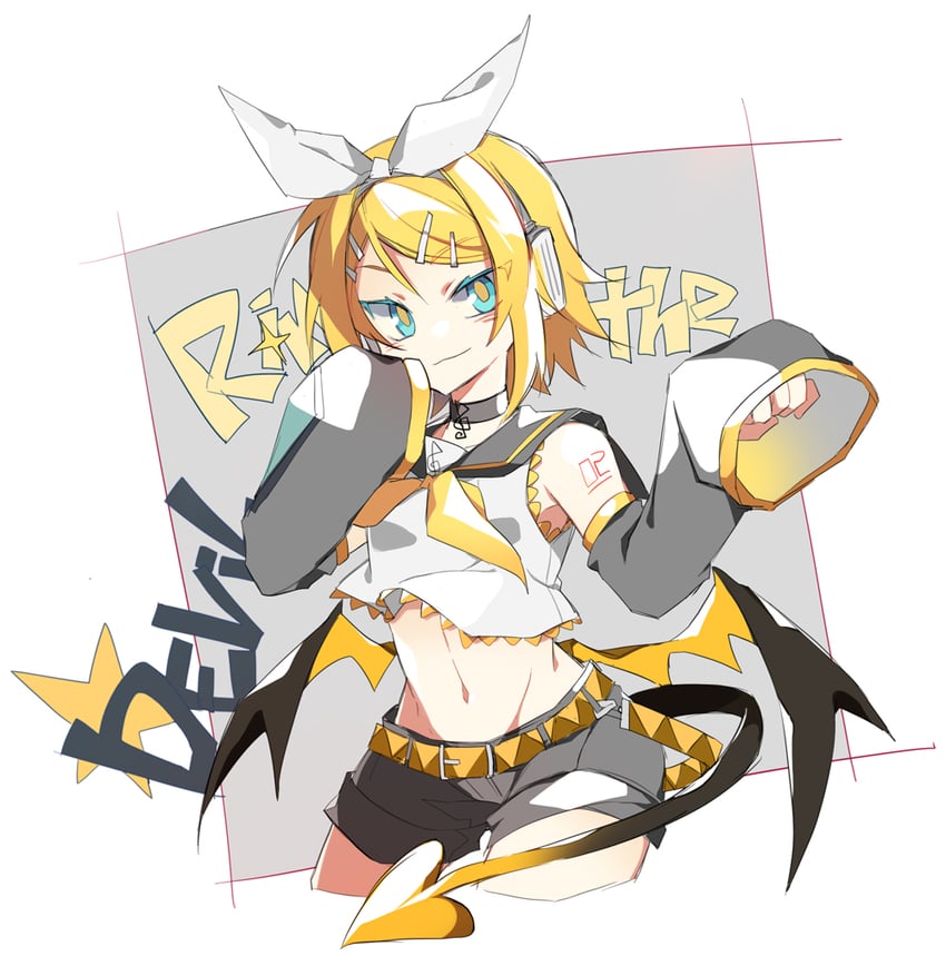 VOCALOID、镜音铃 1名女孩 露肩 腰带 金发 蓝眼