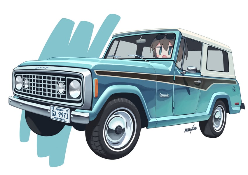 原创 1名女孩 蓝色汽车 蓝眼 汽车 头顶眼镜