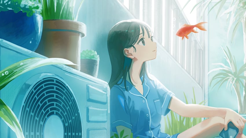 原创 1名女孩 黑发 蓝色衬衫 胸袋 气泡