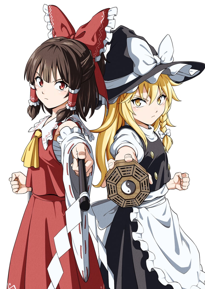 东方Project、博丽灵梦、雾雨魔理沙 2名女孩 围裙 阿斯科特领巾 后背蝴蝶结 黑帽子