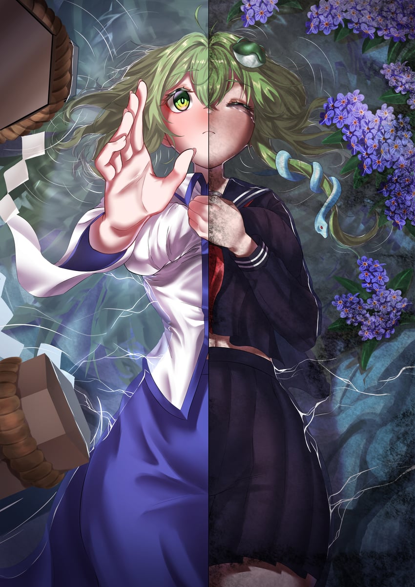 东方Project、东风谷早苗 1名女孩 举手 黑色水手领 黑色水手服 黑衬衫