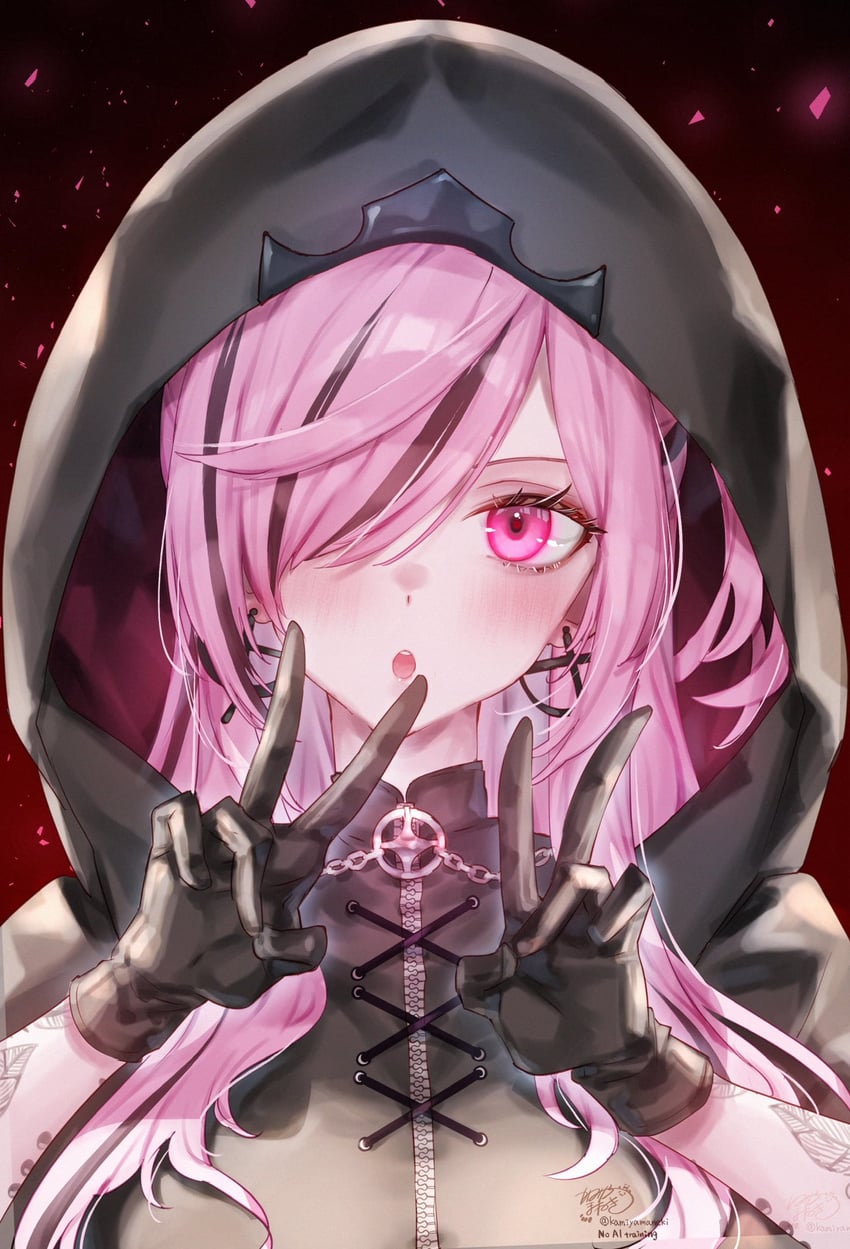 Hololive、Hololive英语、森美声 1名女孩 黑色手套 黑色卫衣 脸红 手套