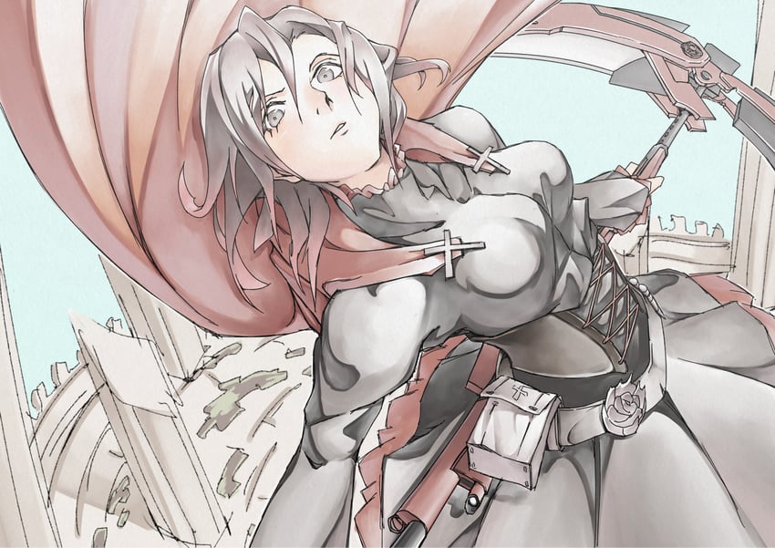 RWBY、露比·罗丝 1名女孩 腰带 黑色连衣裙 黑发 披风