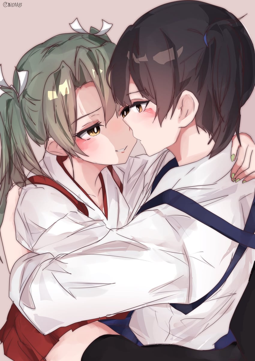 舰队Collection、加贺 (舰娘)、瑞鹤 (舰队Collection) 2名女孩 双手搂着他人的背 黑色过膝袜 蓝色袴 蓝裙子