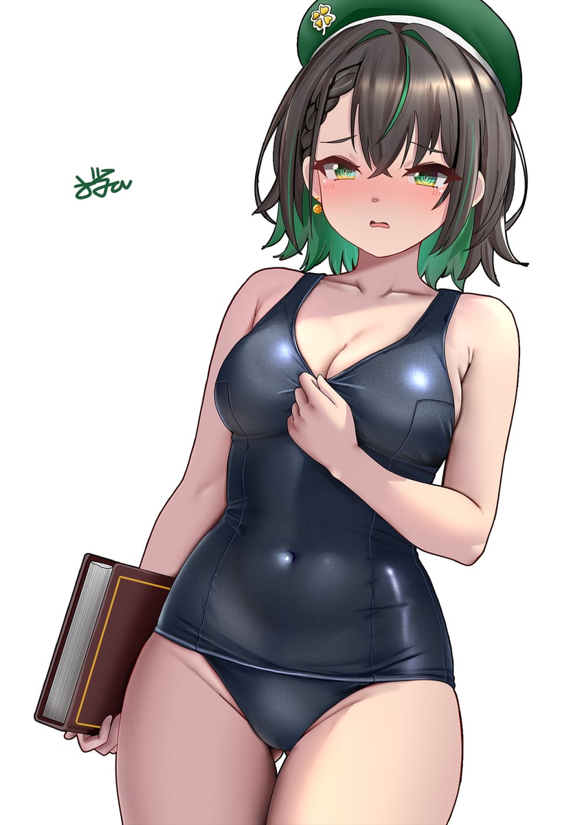 原创 1名女孩 贝雷帽 黑发 蓝色连体泳衣 脸红