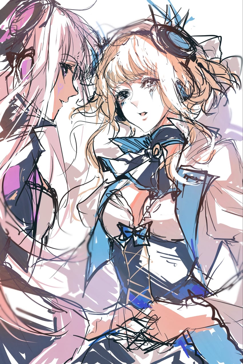 韵律源点 Arcaea、绘都 (Arcaea)、露娜 (Arcaea) 2名女孩 阿斯科特领巾 黑色细领带 金发 蓝色连衣裙